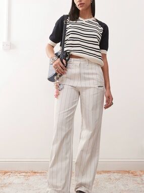 Adidas Cream Pinstripe Wide-Leg Pants